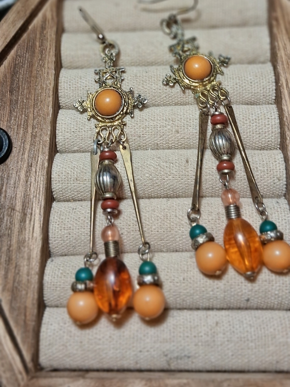 Vintage-Inspired Orange Bead Dangle Earrings with Gold Accents